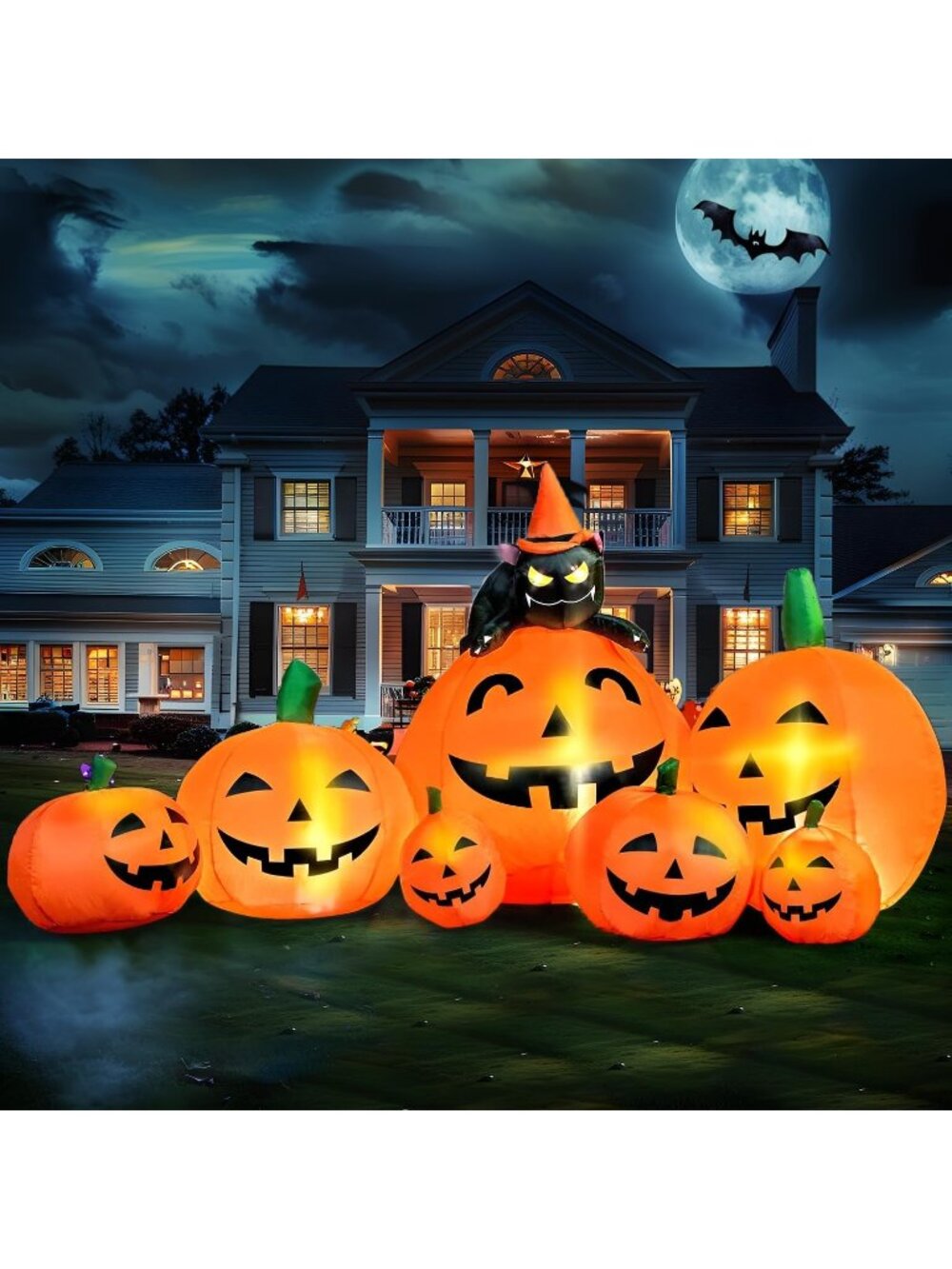 🎃 7 FT Long Halloween Inflatables 7 Pumpkin with Witch's Cat with Build-in LEDs